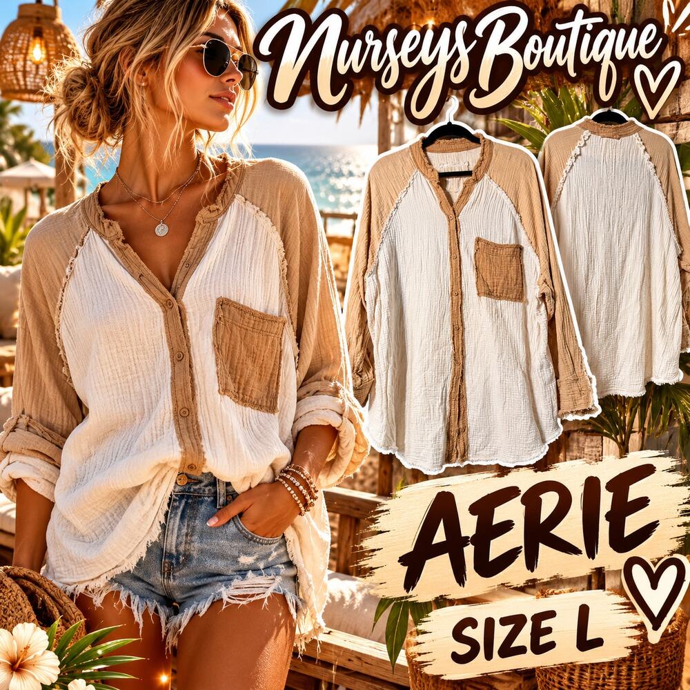Aerie Pool-To-Party Gauze Button Down L Cream Tan Oversized Boho Cotton